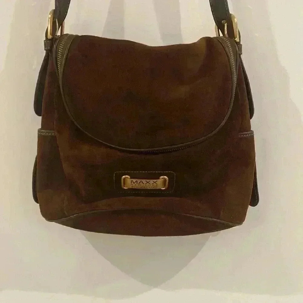 Maxx New York Signature Brown Suede Bucket Bag